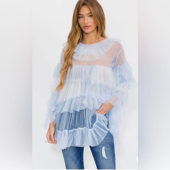 Tops - Women's Sheer Ruffle Blouse - Light Blue